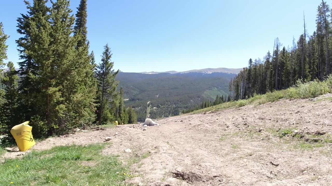 Opening frame of a Winter Park, Colorado dirt trail with tall evergreens at both sides, distant wooded ridges, a yellow trail marker at lower left, and no visible people.