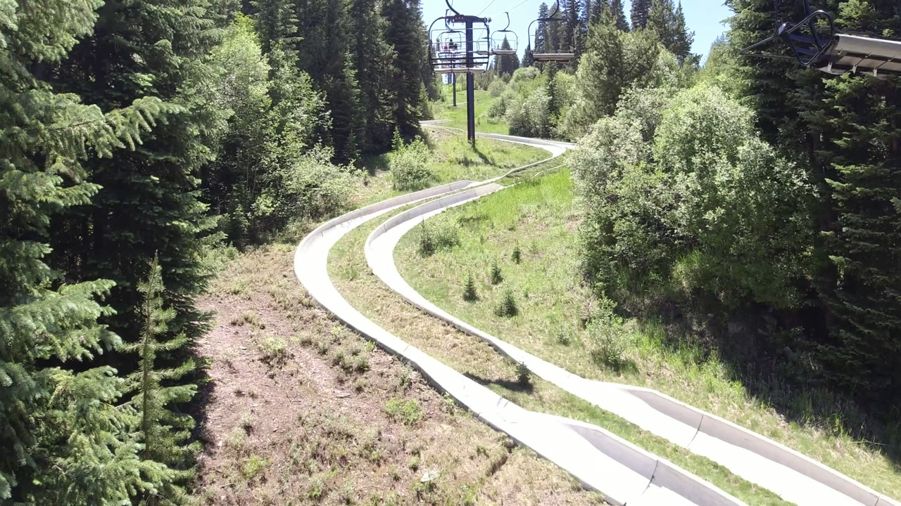 Aerial-looking frame of the Winter Park, Colorado hillside with the alpine slide track sweeping around shrubs, tall evergreens, and a chairlift line at the top, no visible people.