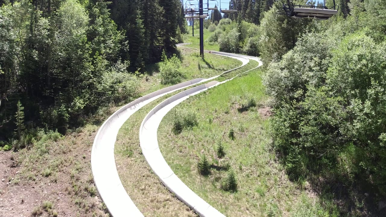 Curving twin slide tracks through green forest