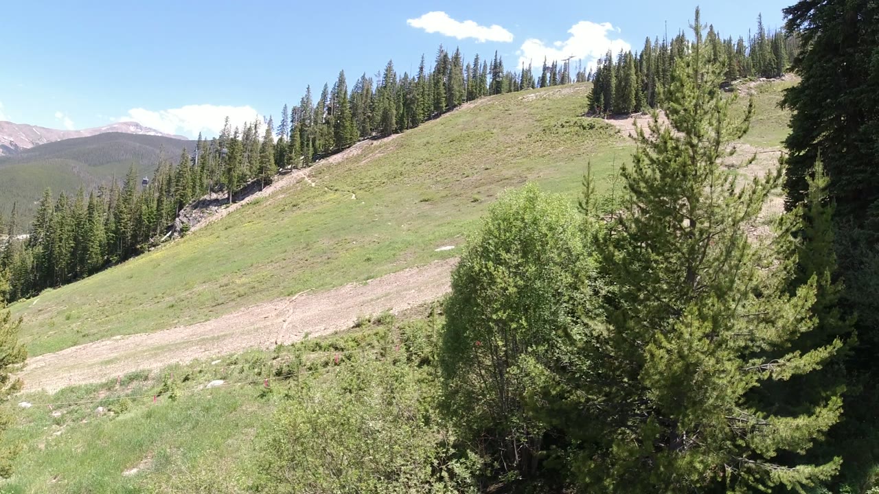 Dirt road across a grassy mountain hillside with trees and distant ridges.