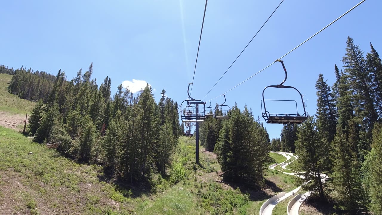Chairlift cables over evergreen trees and a green mountain slope.