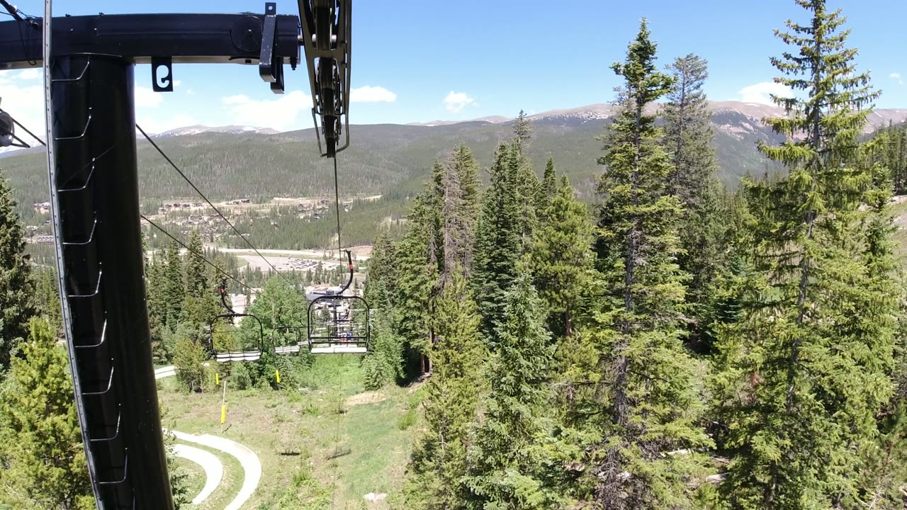 Chairlift cable and evergreen forest with distant mountains.