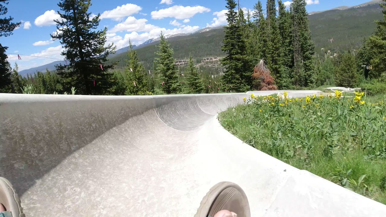 POV at the top of a slide with trees and mountains beyond.
