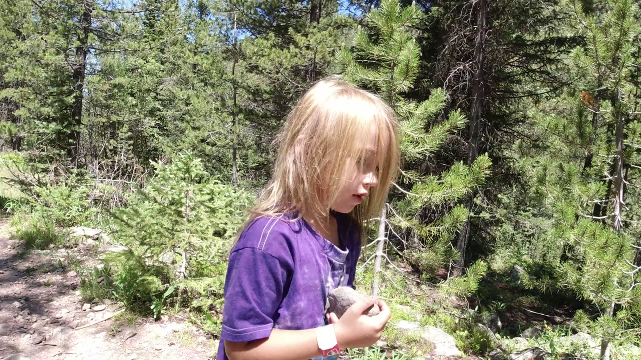 The child is closer to center frame in Winter Park, Colorado, holding something near her chest as small pines and dense green brush fill the background.