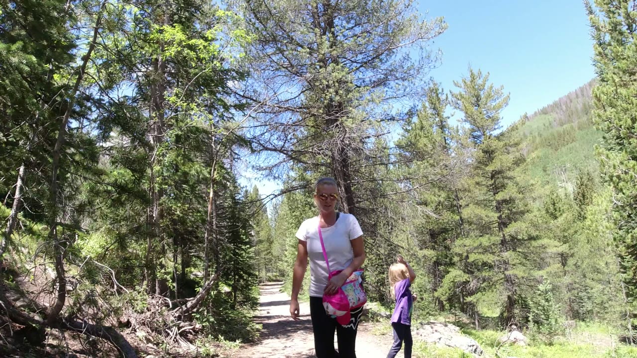 An adult with a pink bag and a child walk along a dirt trail through tall trees in Winter Park, Colorado, with sunlit greenery around them.