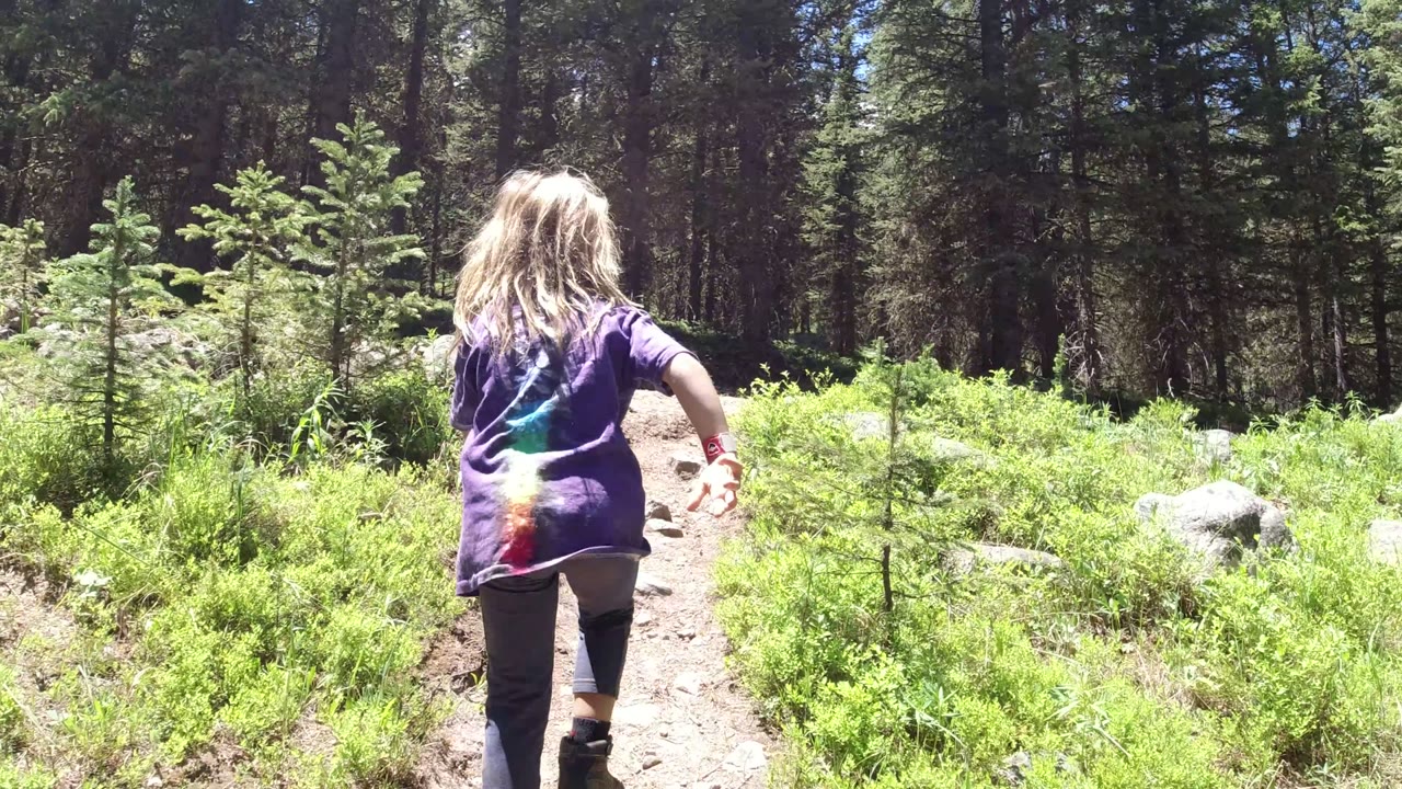 A young girl in a purple shirt walks away from camera on a dirt path through sunlit grass and forest in Winter Park, Colorado.