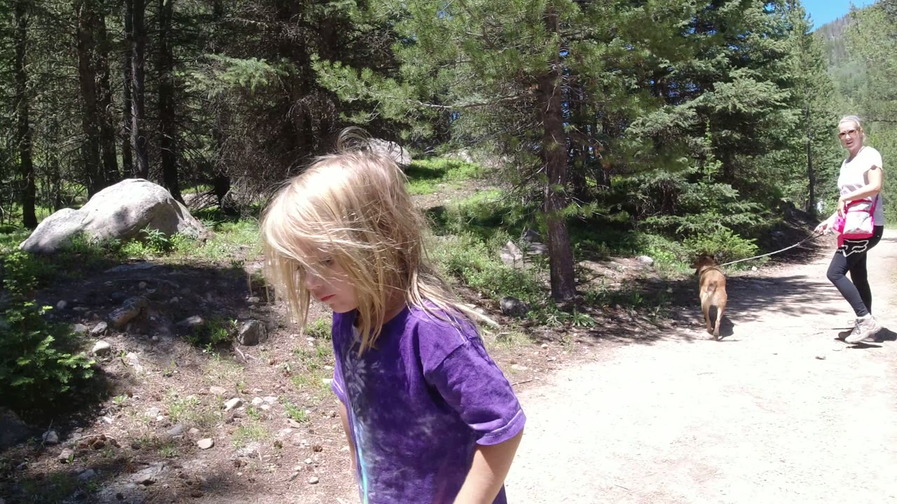 A blonde child in a purple shirt appears close to the camera as the woman and dog continue down the Winter Park, Colorado forest trail in the background.