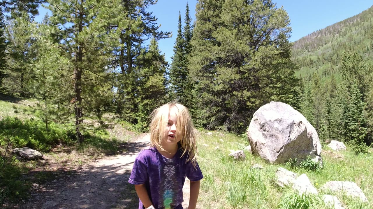 A child stands close to camera on a Winter Park, Colorado trail, with blond hair, a purple shirt, a large boulder, evergreens, grass, and hillside behind.