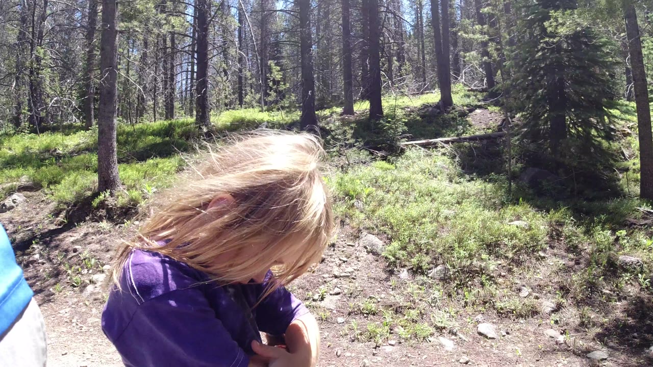 The child remains low in the left foreground, looking downward with hair across the face, while the Winter Park forest path and tree trunks fill the background.
