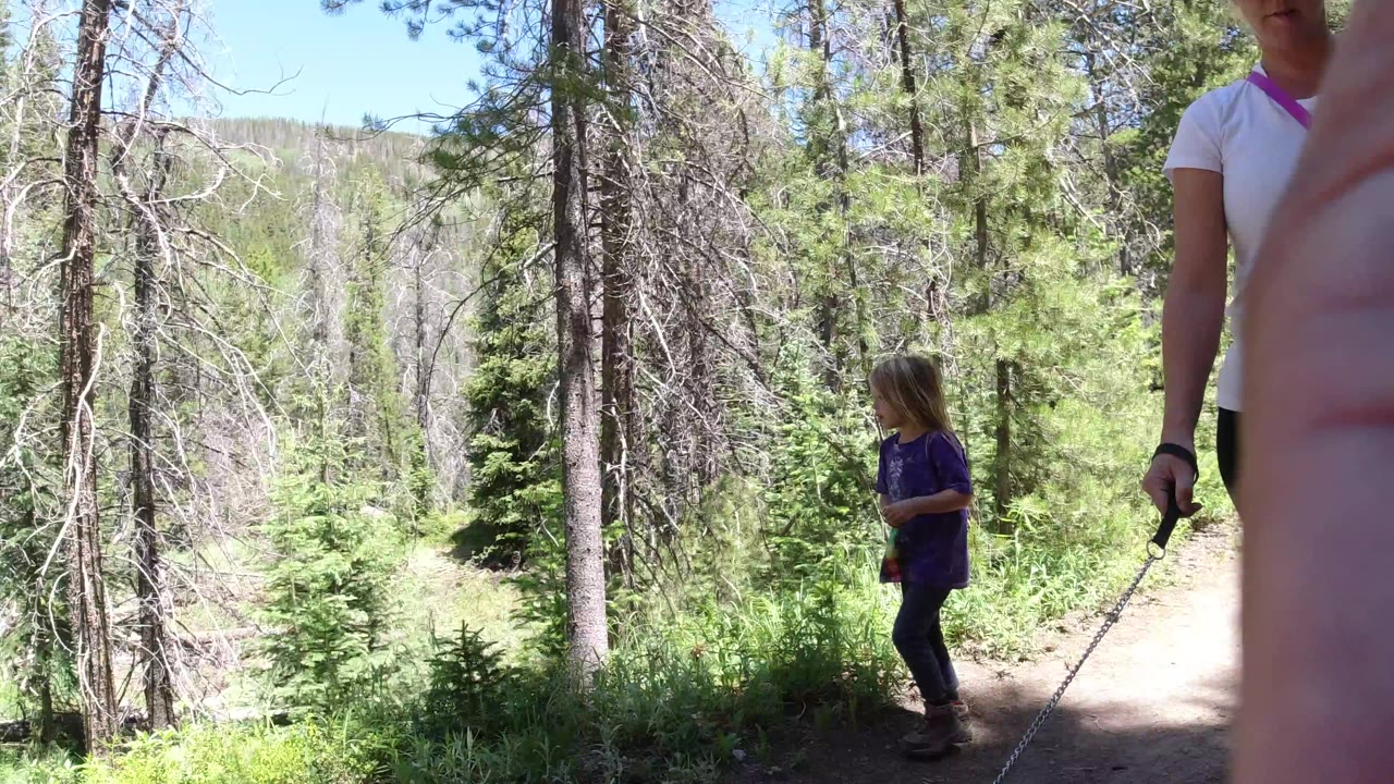 Child on a forest trail with an adult partly visible at the right edge.