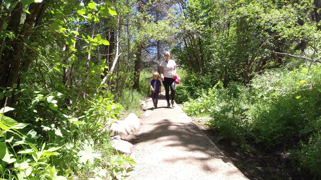 In Winter Park, Colorado, a woman and young child appear in the distance on a sunlit dirt trail surrounded by dense green foliage.