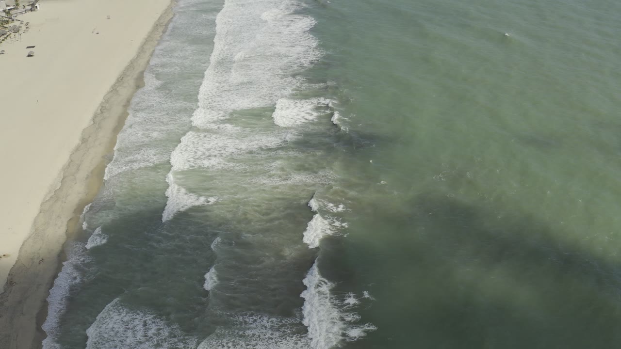 Overhead view of surf foam and green sea beside sand.