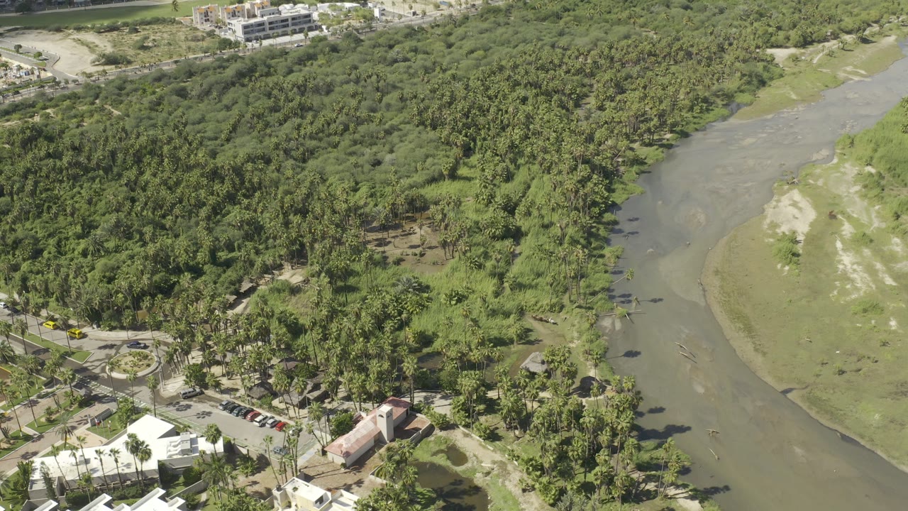 Aerial view of a river beside dense greenery, roads, parked cars, and light buildings.