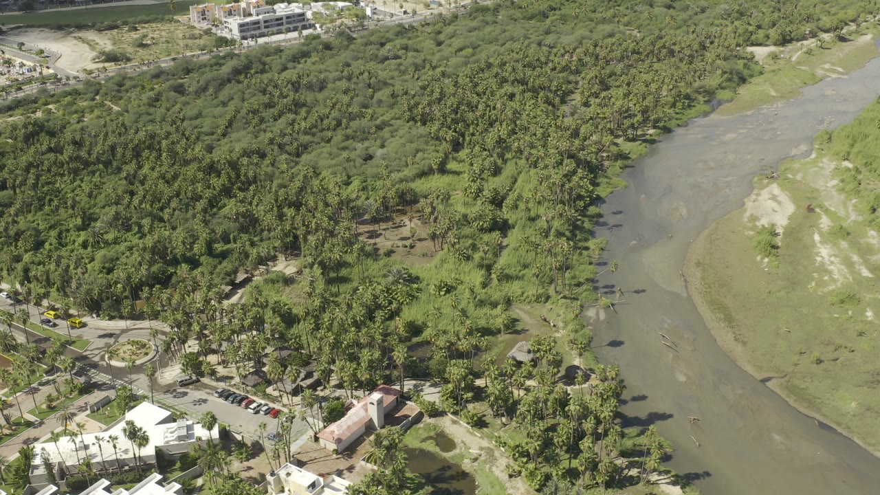 Aerial view of forest, water channel, roads, and buildings.