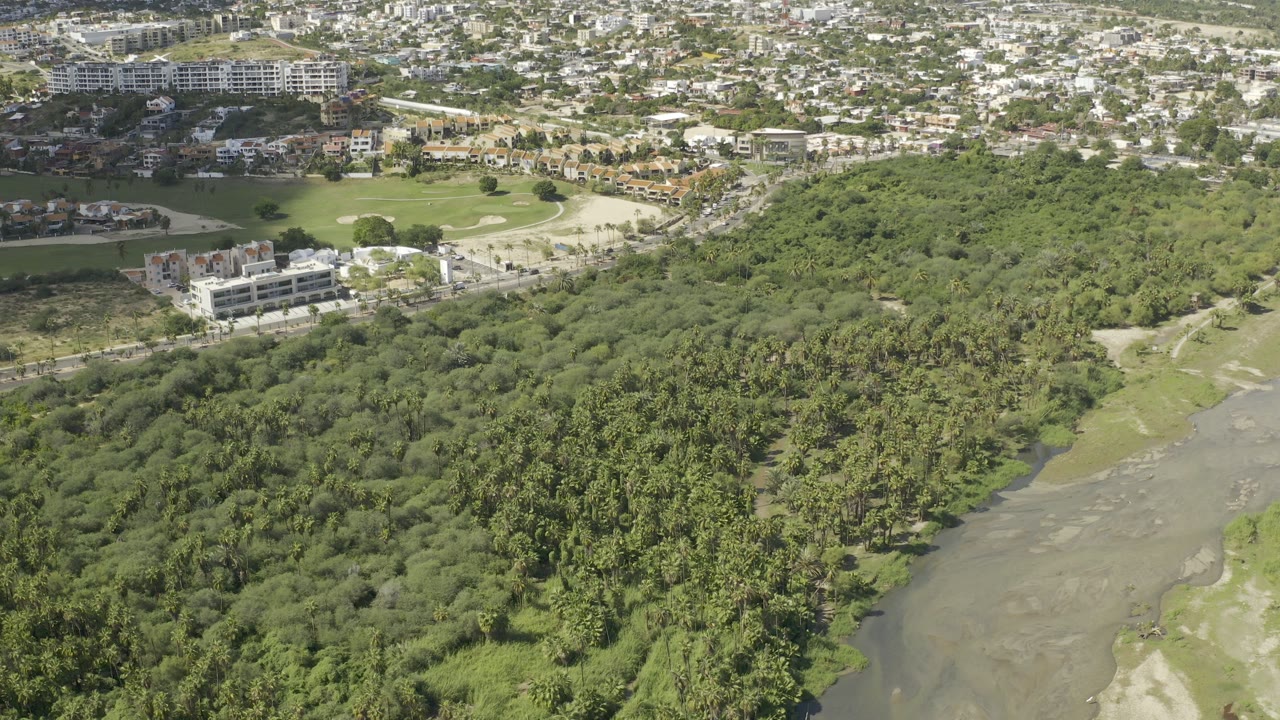 Aerial view over green vegetation, buildings, and a town beyond.