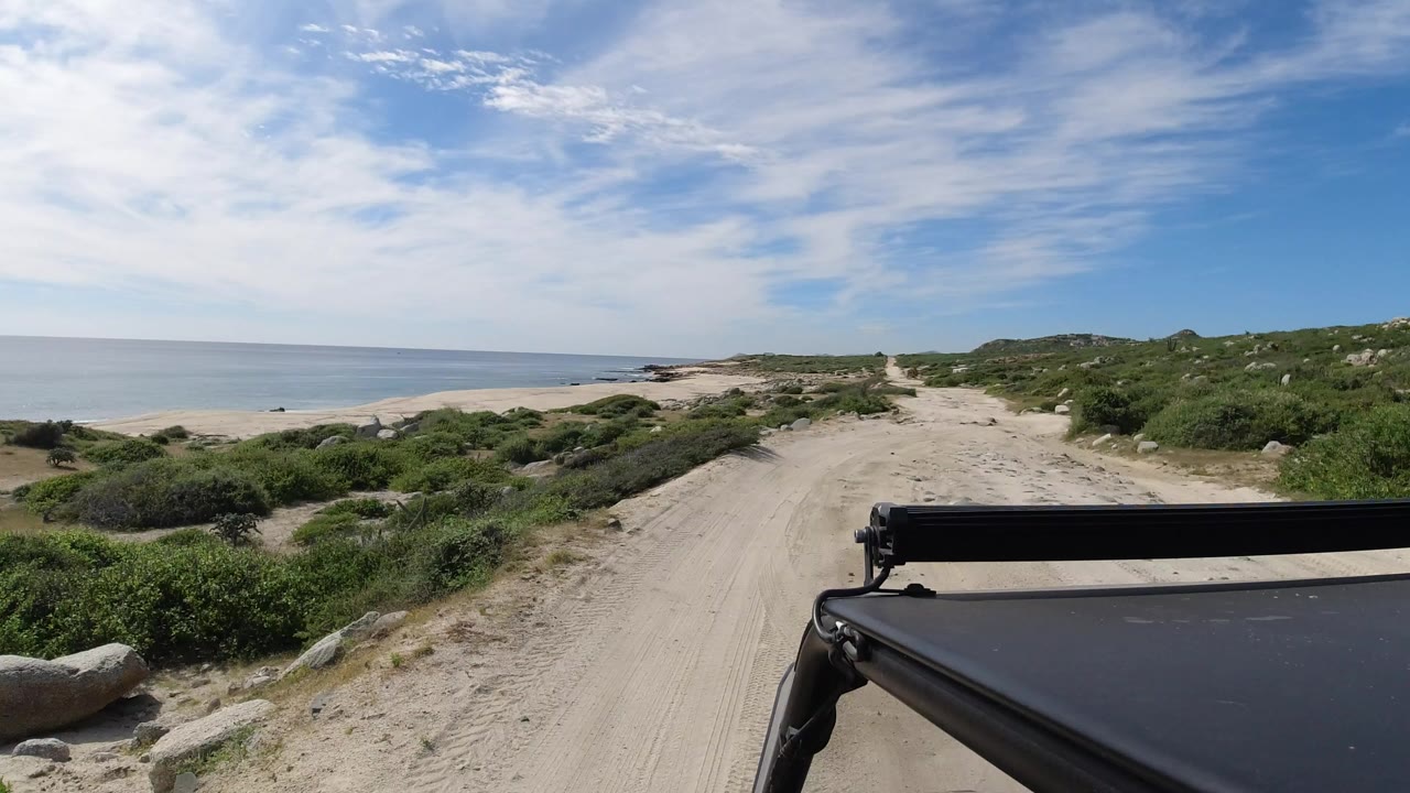 Black vehicle foreground on a sandy coastal road beside ocean and shrubs.