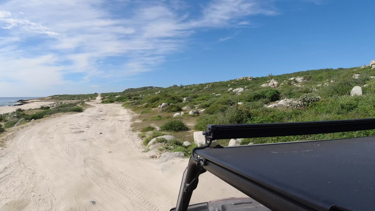 Los Cabos beach road view with the sandy track extending ahead, ocean and pale shoreline to the left, green brush and rocks to the right, foreground vehicle hardware, and no visible people.