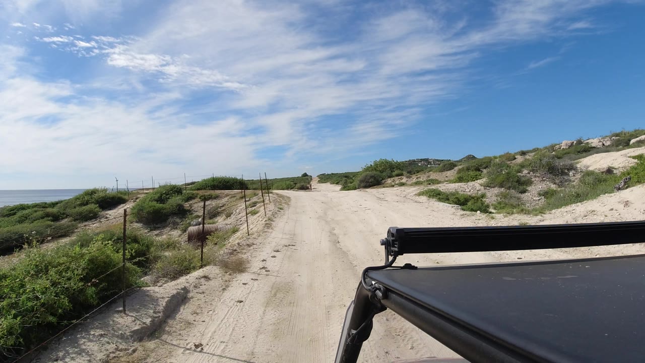 Vehicle POV on a pale sand road beside coastal scrub and dunes.