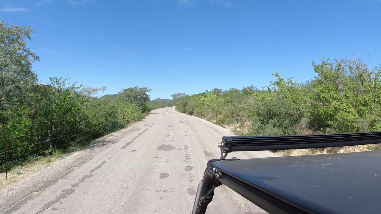 Empty road curving slightly with green vegetation and vehicle hardware.