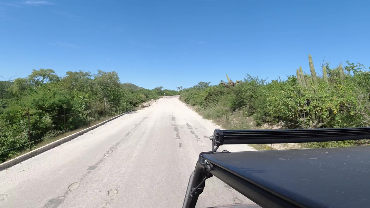 Sandy road curving slightly with shrubs and vehicle roof in frame.