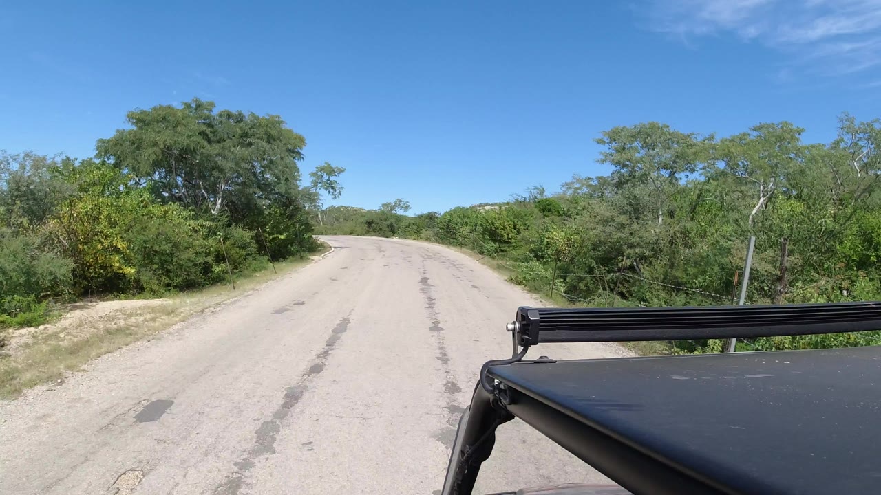 A pale empty road continues through Los Cabos brush and trees, with the vehicle roof edge fixed along the bottom right and no visible people.