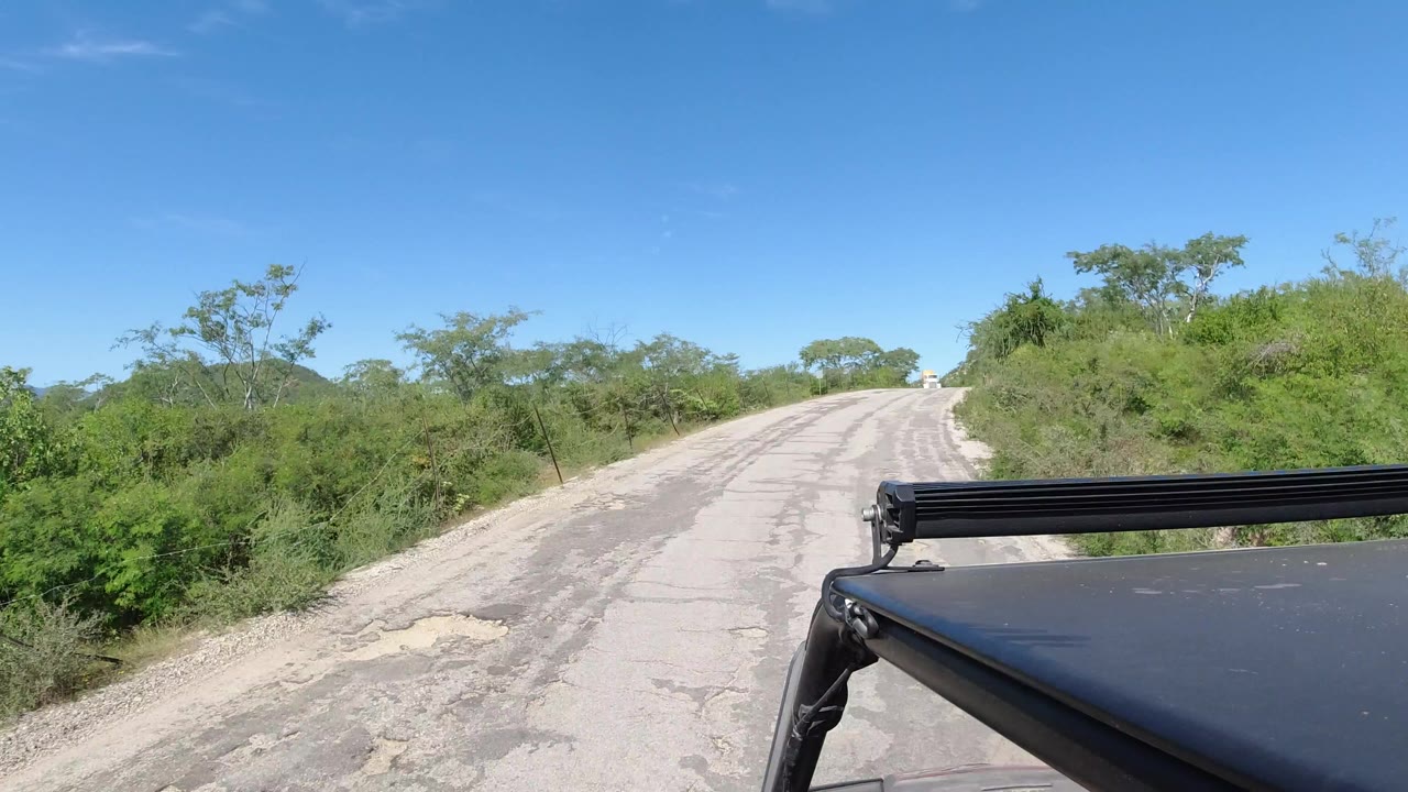 A Los Cabos road stretches uphill between green roadside brush under blue sky, with dark vehicle roof hardware visible in the lower right and no visible people.