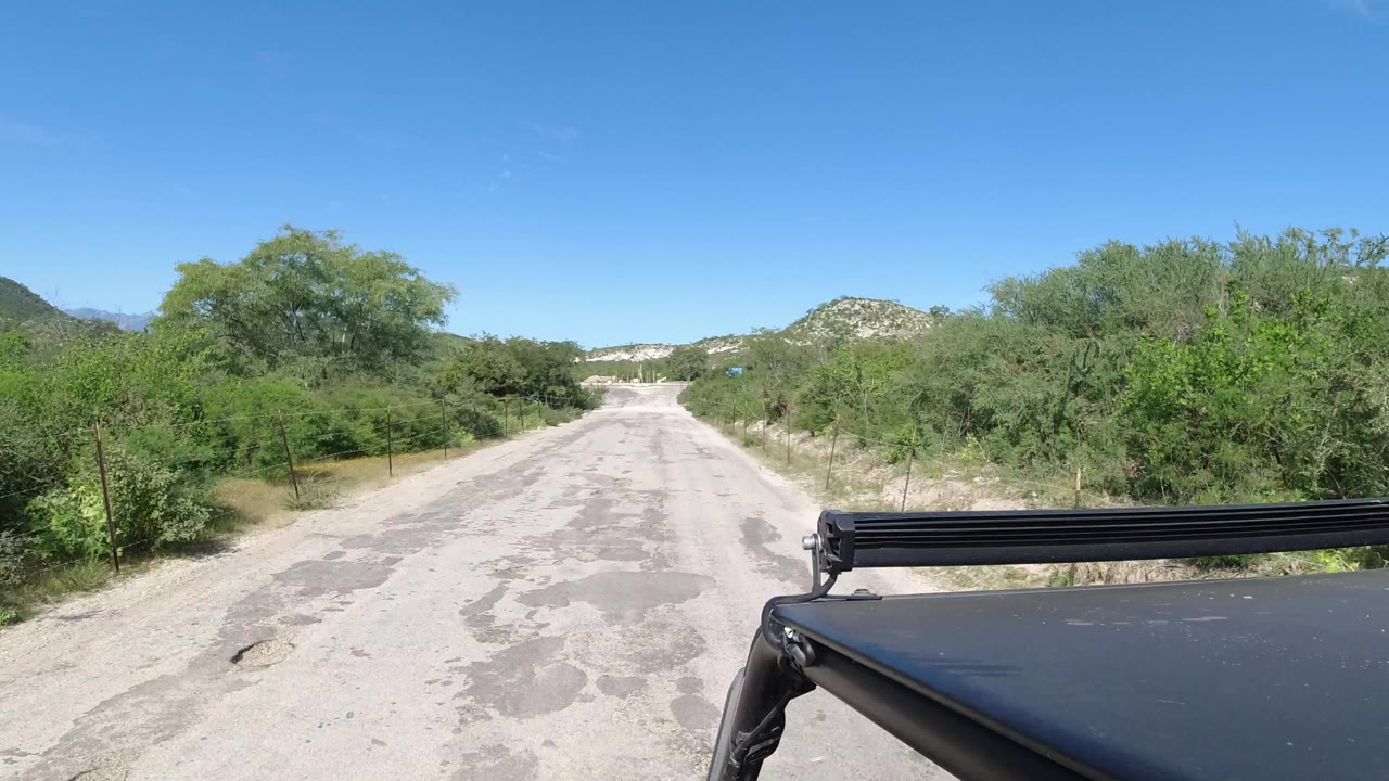 A forward road view in Los Cabos, Mexico shows scrubby green vegetation closing in on both sides, low hills ahead, the vehicle edge at bottom right, and no visible people.