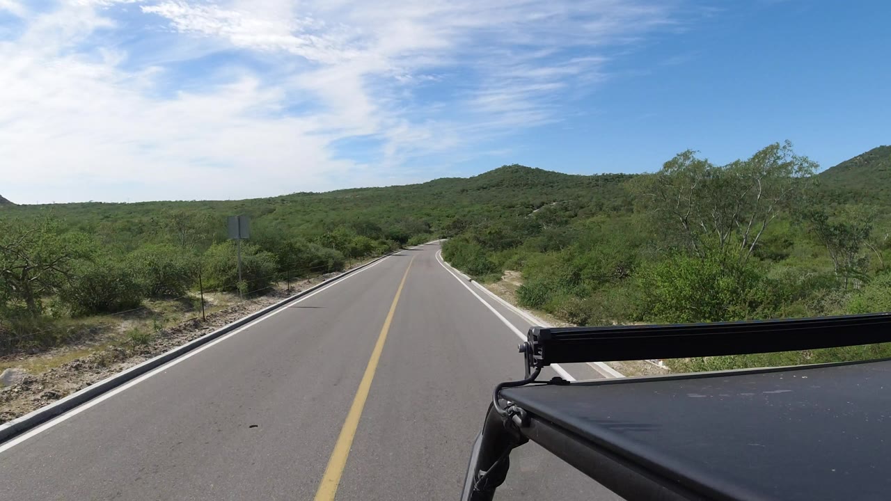 Los Cabos road view with the yellow centerline drawing toward a low hill, scrubby green vegetation on both sides, and no visible people.