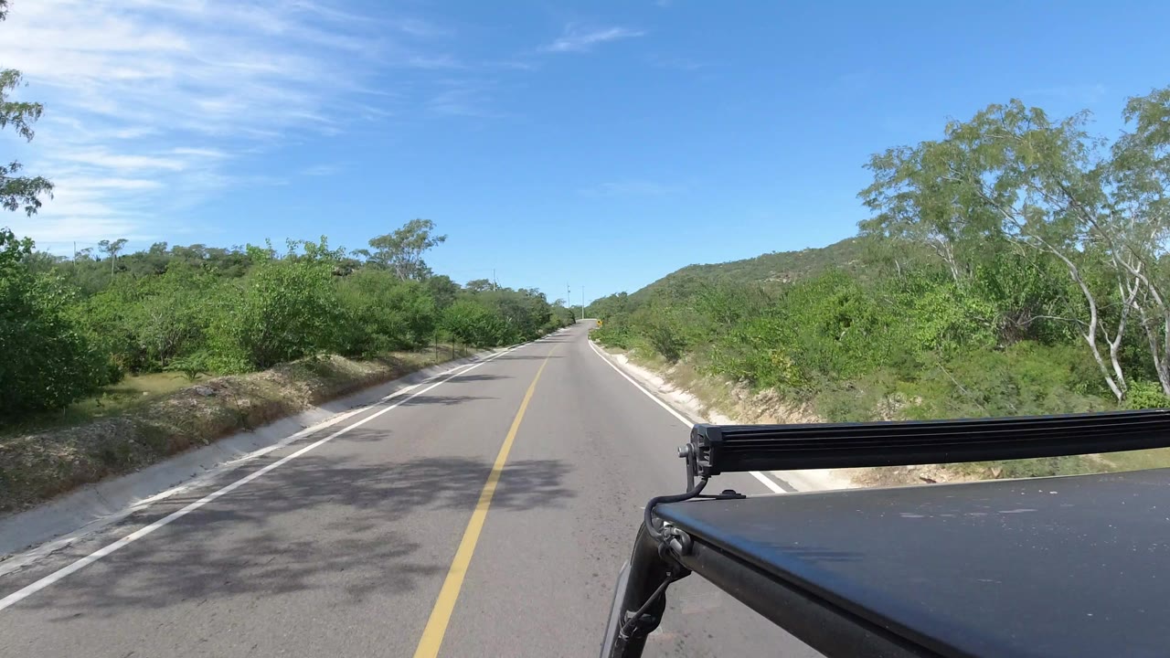 Los Cabos road POV with the lane stretching toward low hills, dense shrubs on both sides, bright sky overhead, and no visible people.
