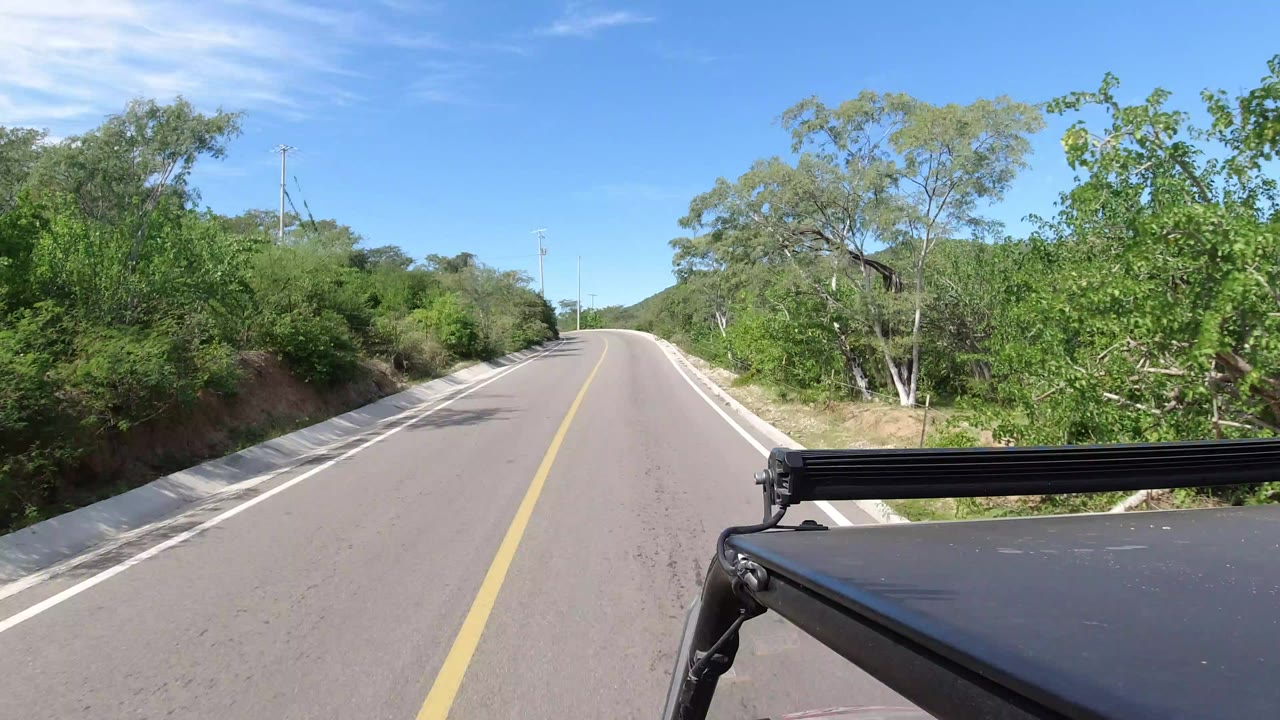Forward view from a black car on an empty road in Los Cabos, Mexico, with green trees on both sides, blue sky overhead, and no visible people.