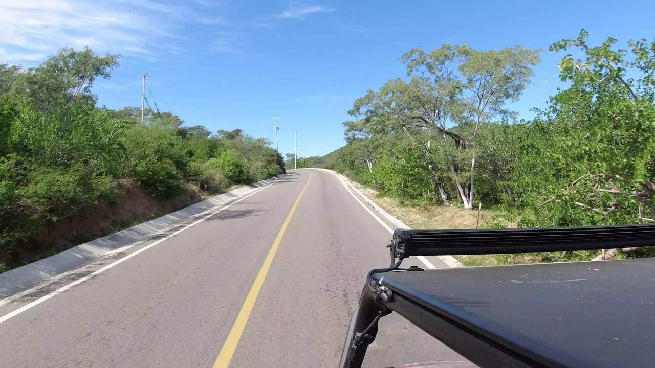 The Los Cabos road continues ahead between dense roadside trees, with the black vehicle hood and roof bar visible in the foreground and no visible people.