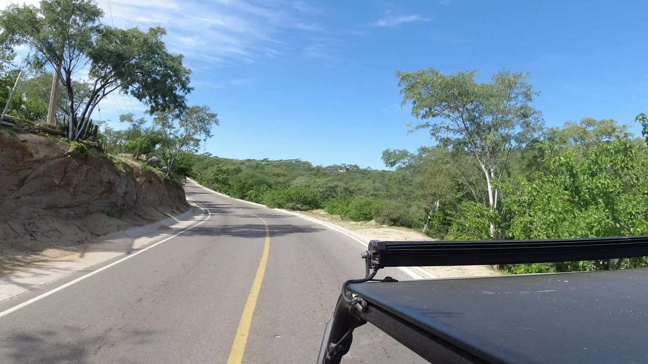 Los Cabos roadway seen from the front of a vehicle as it follows a gentle left curve beside a dirt slope and dense green vegetation, with no visible people.