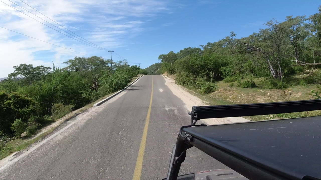 Forward road view in Los Cabos, Mexico, showing a paved lane bordered by green trees, utility lines at left, a blue sky overhead, and a dark vehicle edge in the foreground with no visible people.