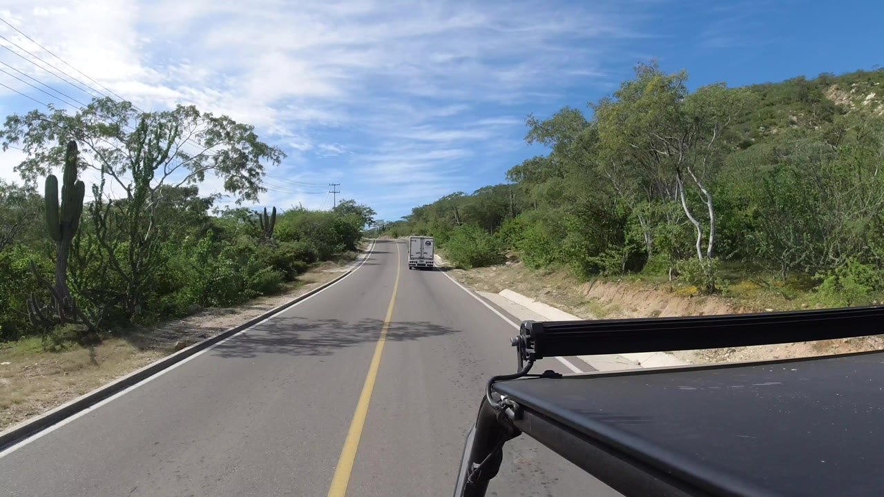 Los Cabos, Mexico driving view one second in, with the white truck farther up the road, tall cacti on the left, dense green brush on both sides, black vehicle edge in front, and no visible people.