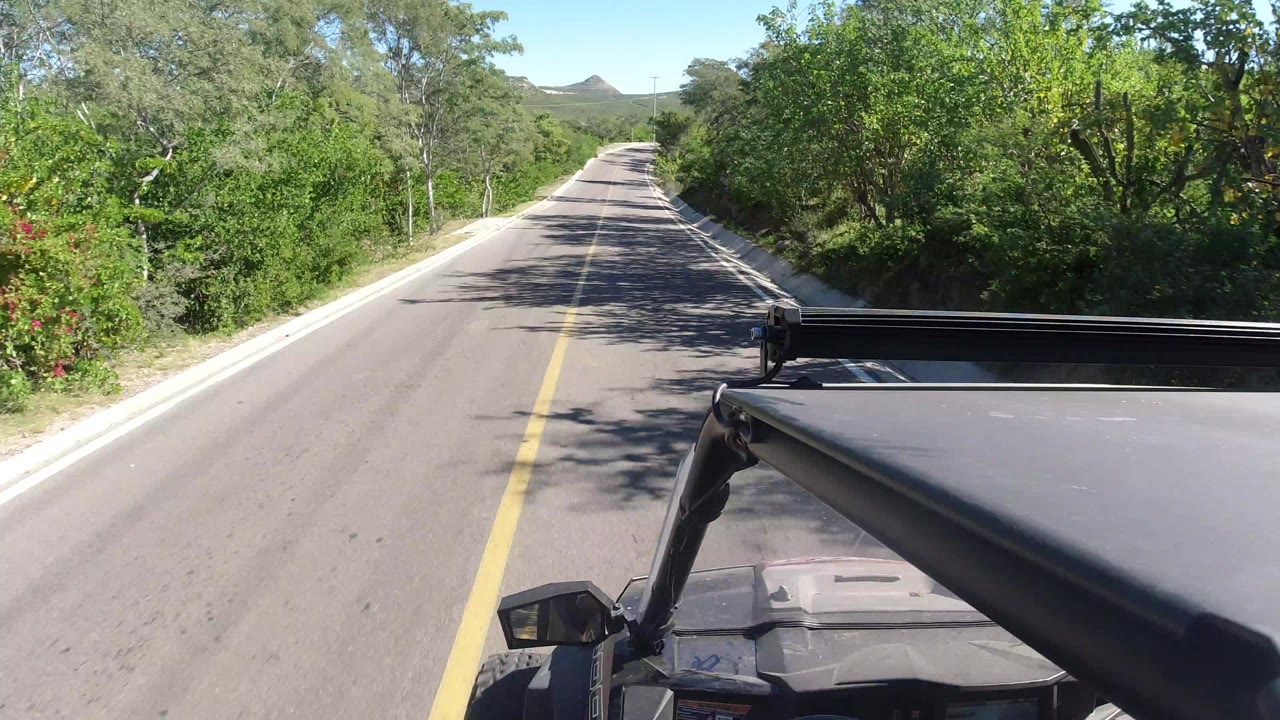 Two-lane road bordered by green trees with vehicle hardware in the foreground.