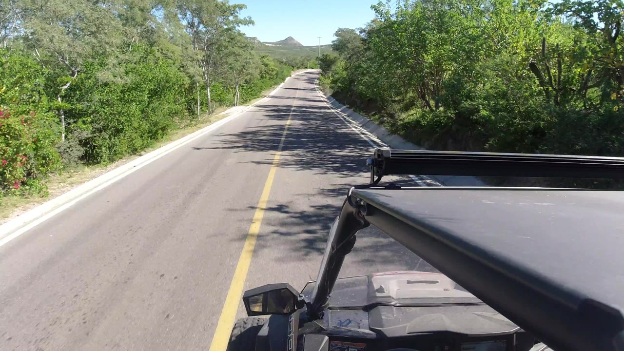 Los Cabos highway view continuing along a straight stretch with green roadside growth, pale road shoulders, distant hills, and no visible people.