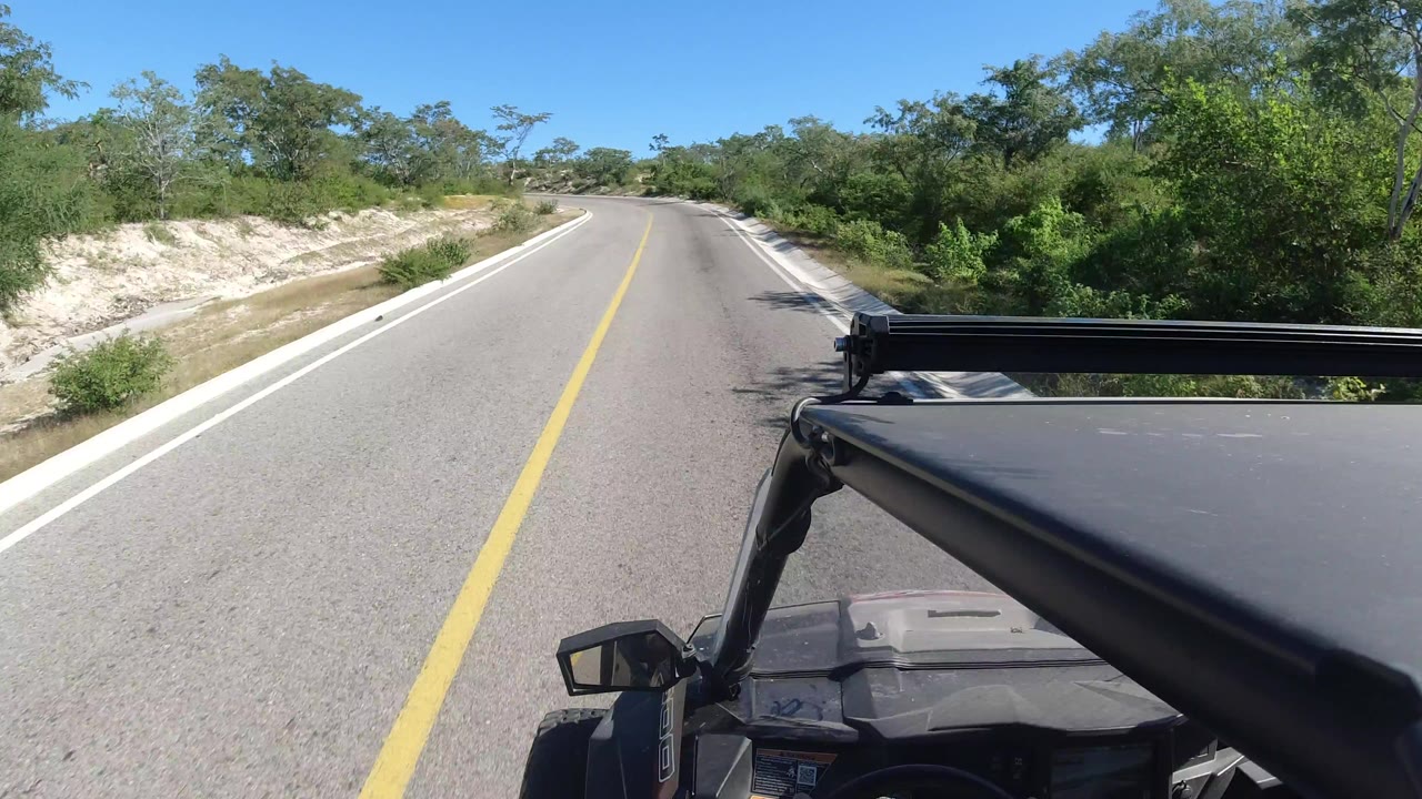 Los Cabos road view from the vehicle with the yellow lane line centered, pale sand banks on the left, dense green brush on the right, blue sky, and no recognizable people visible.