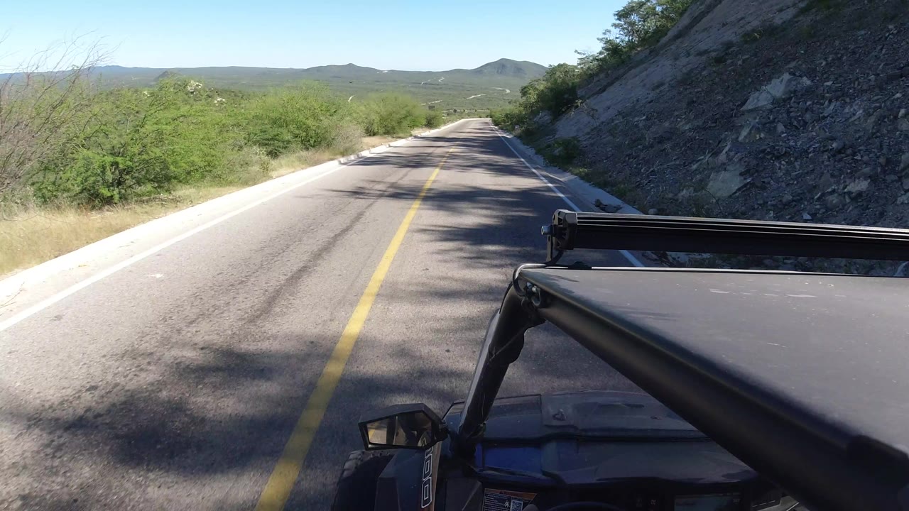 Vehicle-mounted view continues down the Los Cabos road, with the yellow line centered, green roadside vegetation, the dark vehicle frame at lower right, and no visible people.