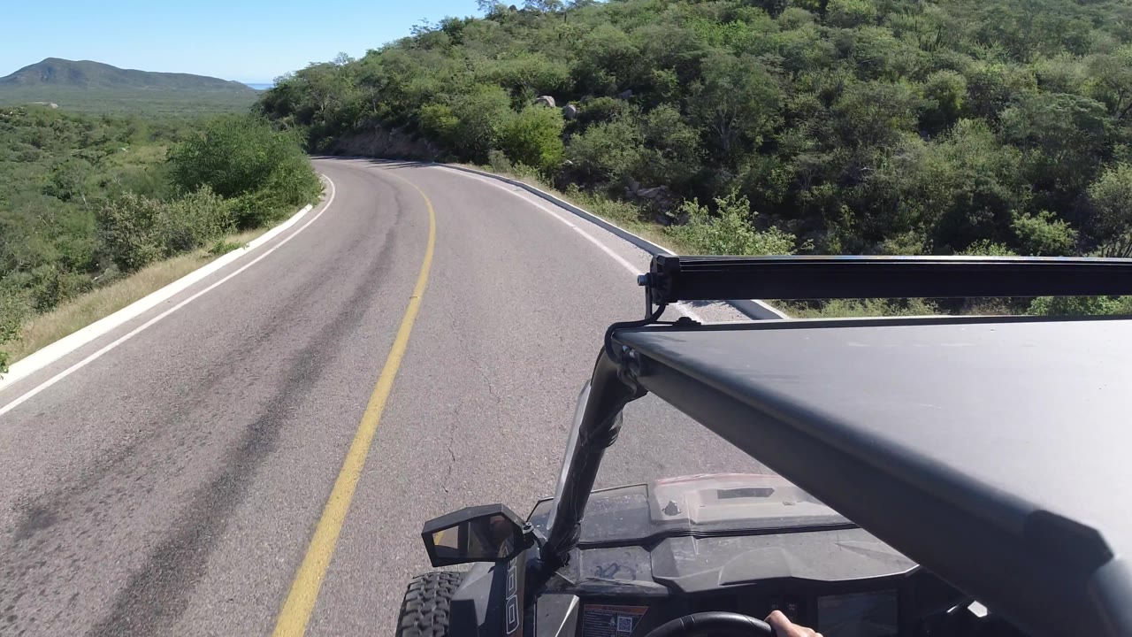 Road curve beside thick hillside vegetation and vehicle frame