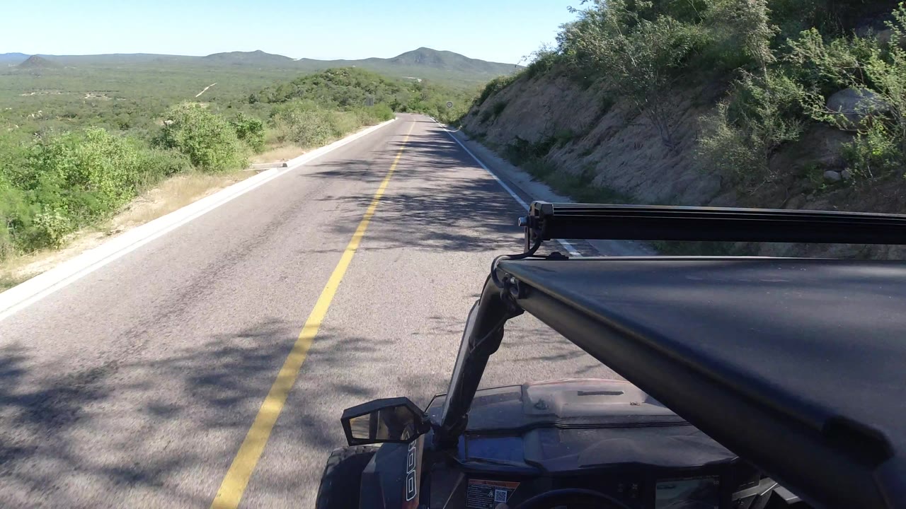 Sunny road beside a rocky cut slope and green roadside brush.