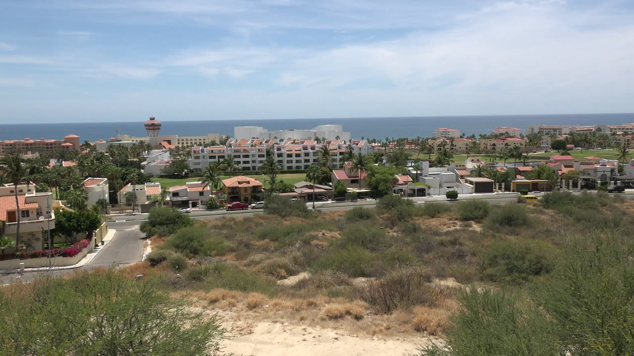 Wide coastal view with sand, shrubs, buildings, and ocean horizon.