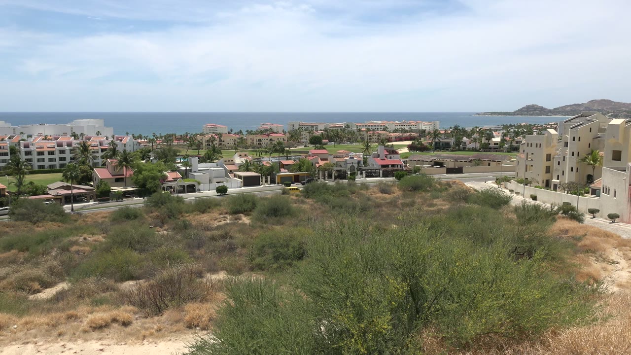 Los Cabos coastal neighborhood seen across open dry vegetation, with low villas, palm trees, ocean horizon, and no visible people.
