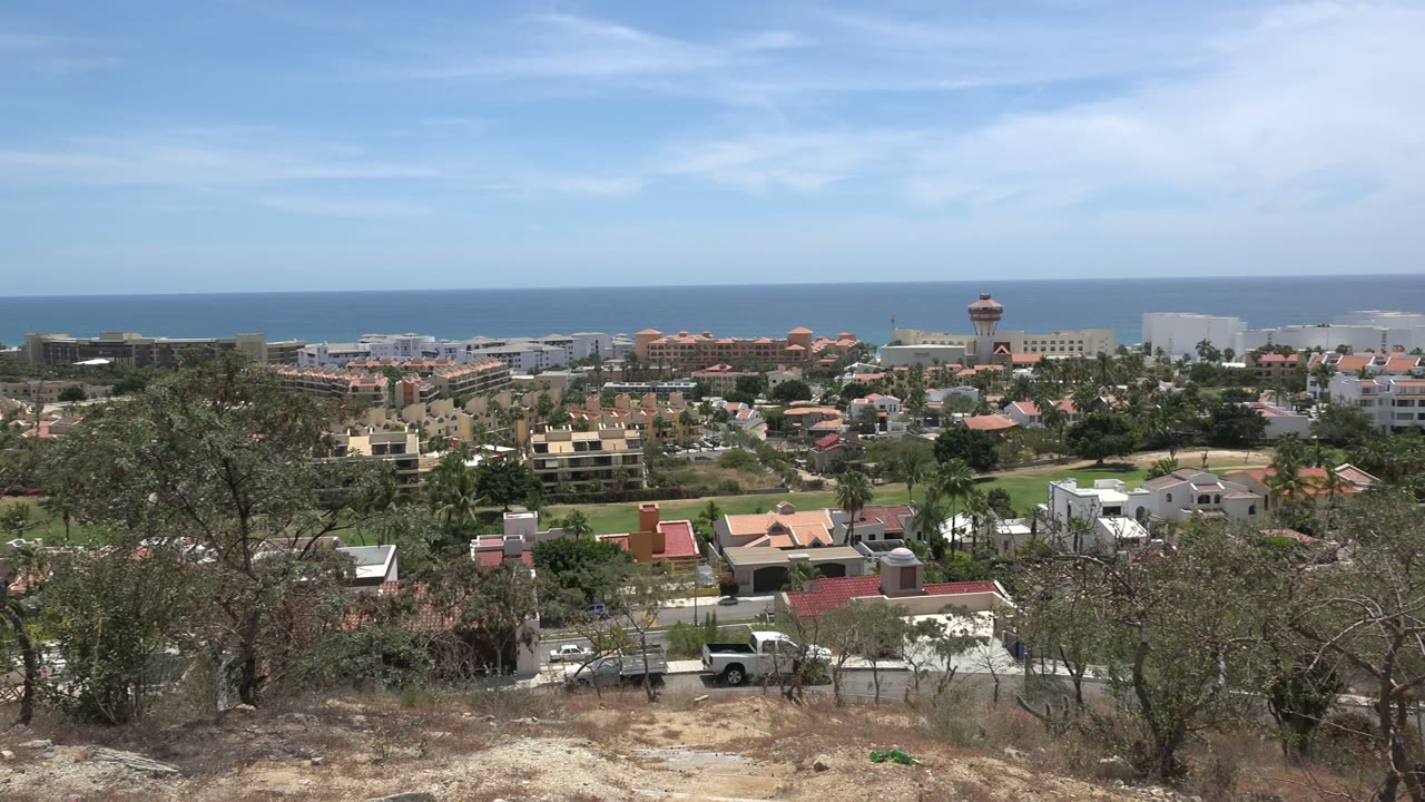 Los Cabos homes and tree-lined streets fill the midground while the ocean and pale blue sky stretch across the background, with no visible people.