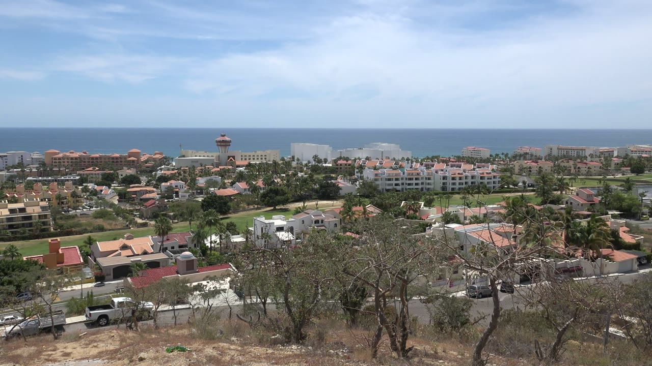Wide coastal town view with ocean horizon, palms, rooftops, and dry hillside trees.