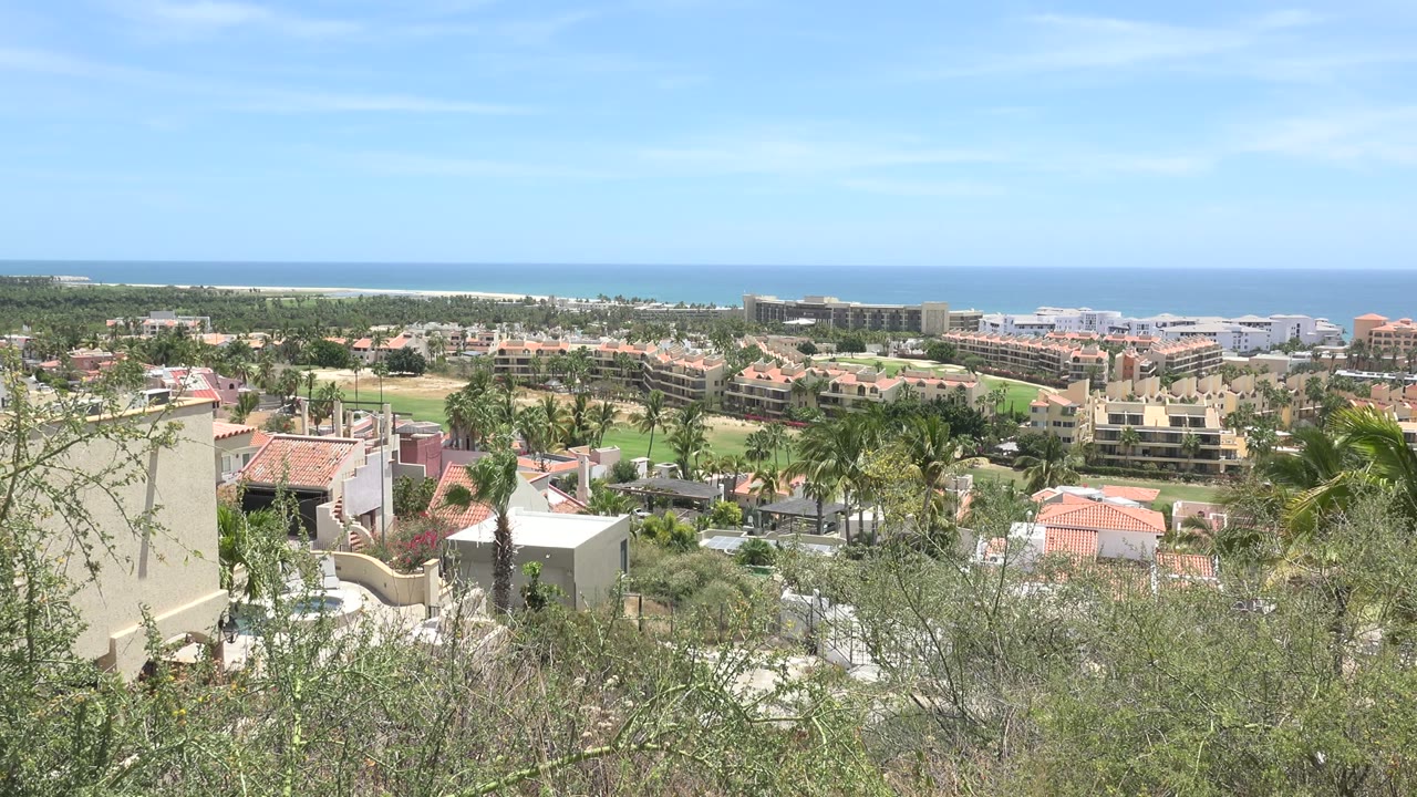 Opening view over Los Cabos, Mexico with foreground scrub, palm trees, red-tile rooftops, modern buildings, a distant ocean horizon, and no visible people.