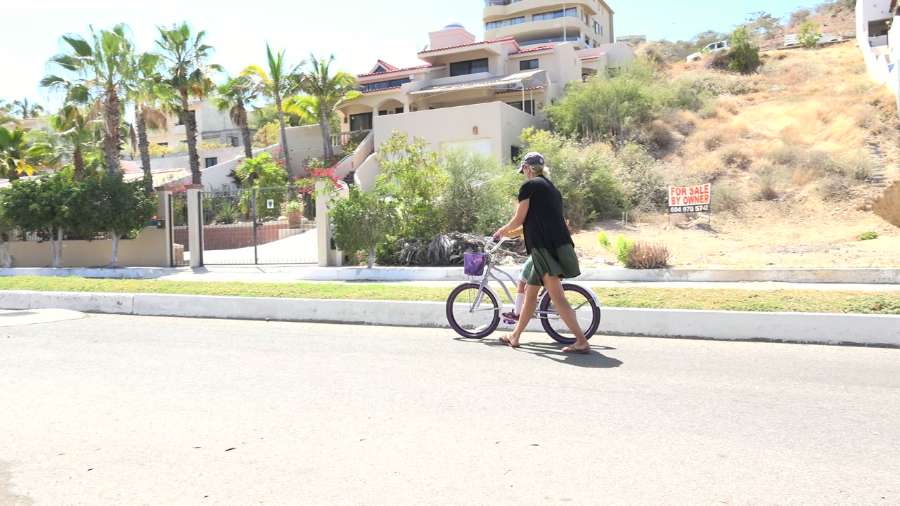 One second in, the adult remains beside the small purple bicycle on the Los Cabos street, with bright pavement, palms, dry hillside, and homes filling the background.