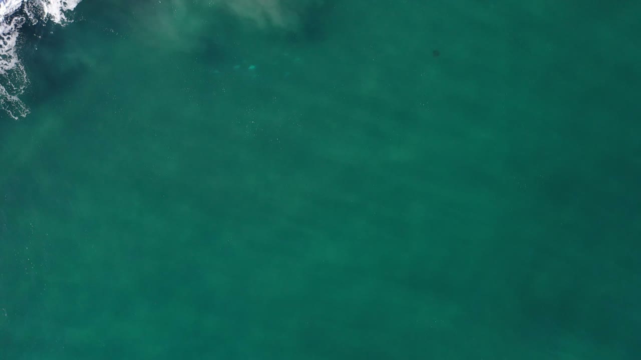 Overhead view of green-blue ocean water in Los Cabos, Mexico, with white surf breaking near the upper left edge and no visible people.