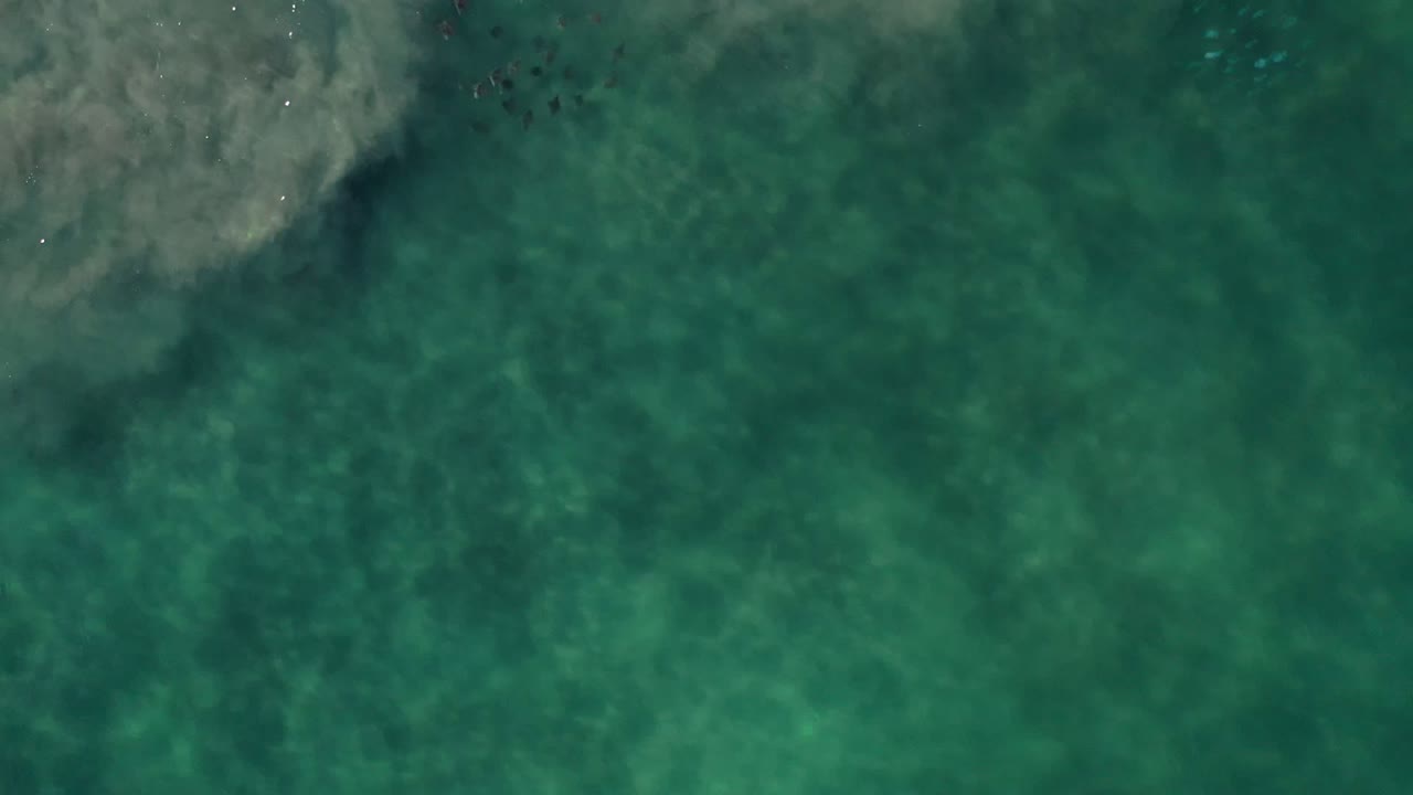 Overhead view of green-blue water in Los Cabos, Mexico, with soft surface ripples and faint pale patterns near the upper edge, no visible people.