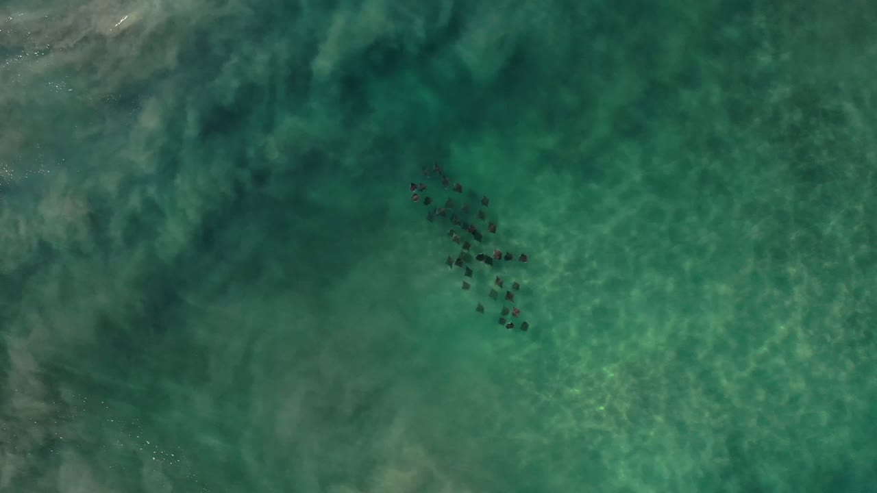 Clear turquoise-green water in Los Cabos, Mexico shows a darker submerged rock cluster near center with faint foam and no visible people.