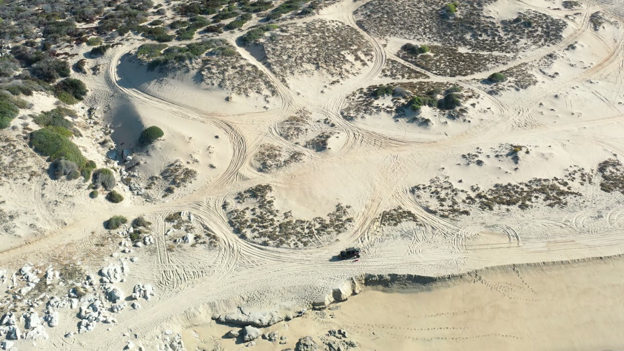 Overhead beach with dunes, tracks, rocks, and green surf